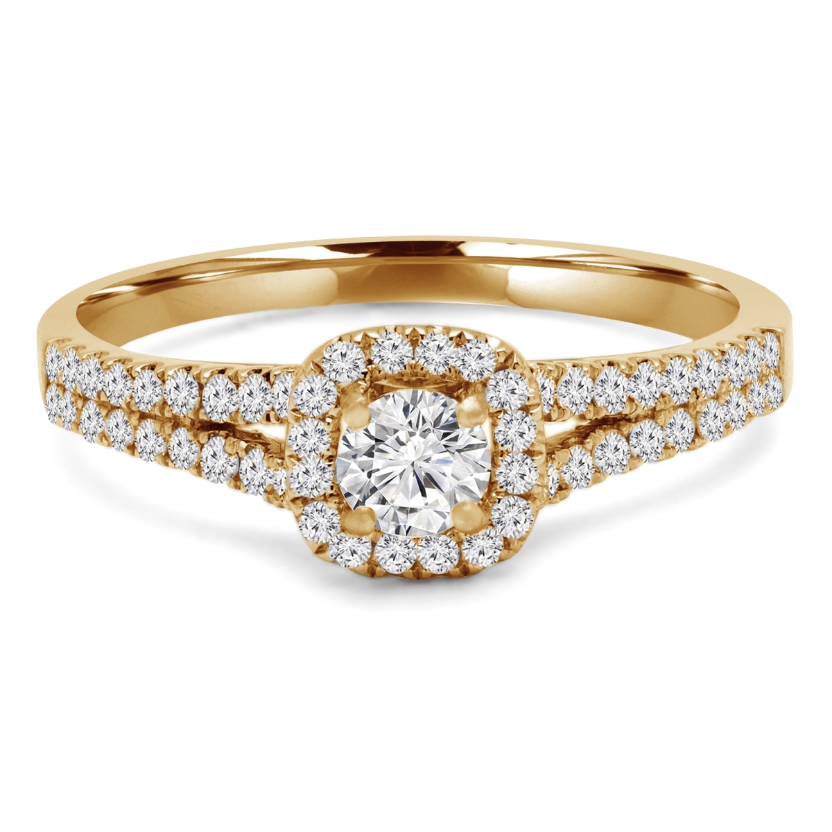MD210174-4.5 0.66 CTW Round Diamond Split Shank Cushion Halo Engagement Ring with Accents in 14K Yellow Gold - Size 4.5