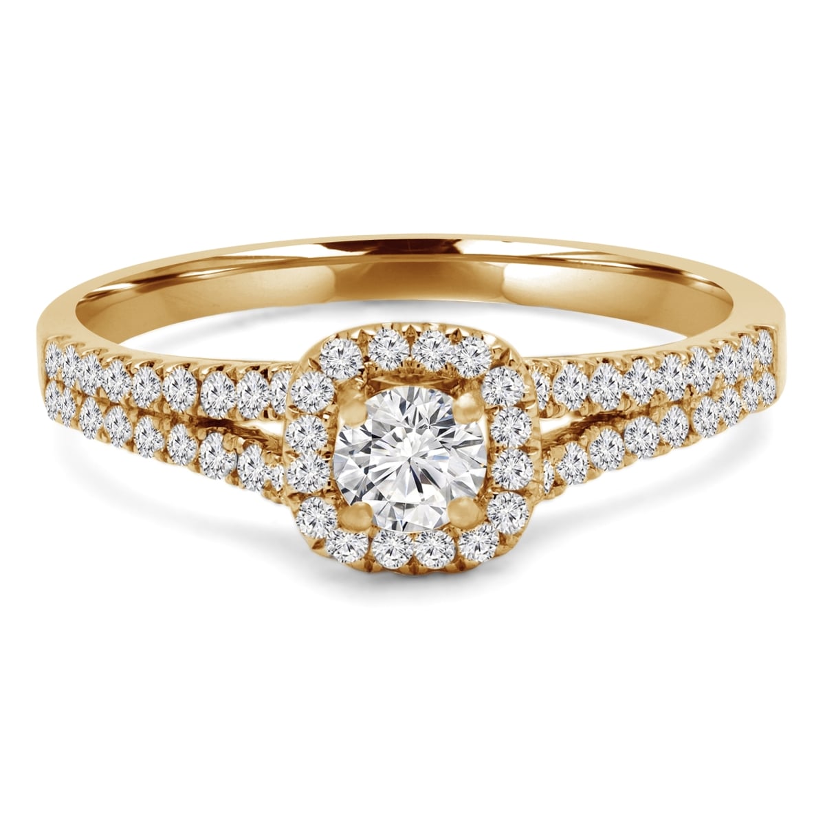 MD210174-5 0.66 CTW Round Diamond Split Shank Cushion Halo Engagement Ring with Accents in 14K Yellow Gold - Size 5