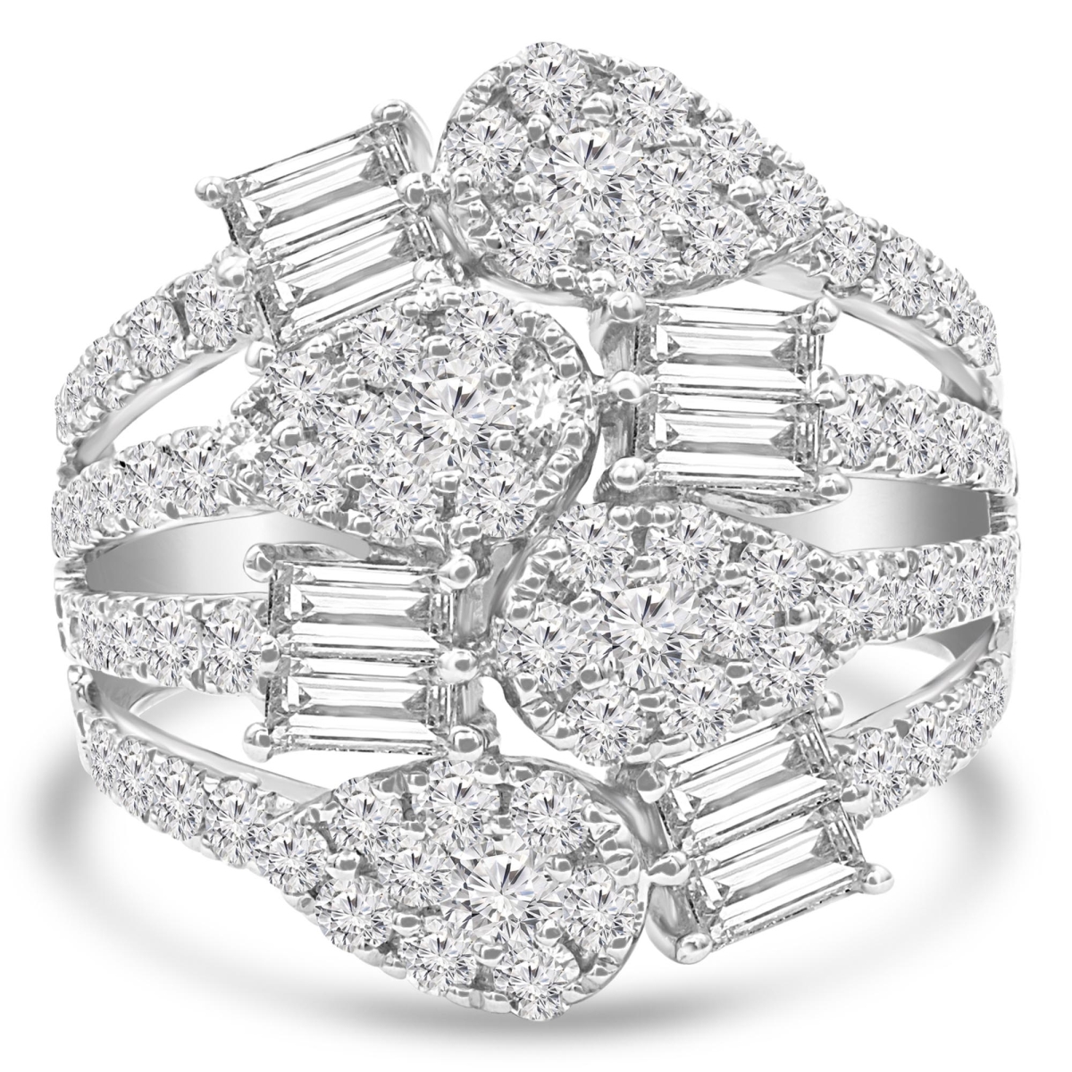2.17 CTW Baguette Diamond Four-Row Cluster Cocktail Ring in 18K White Gold - Size 7