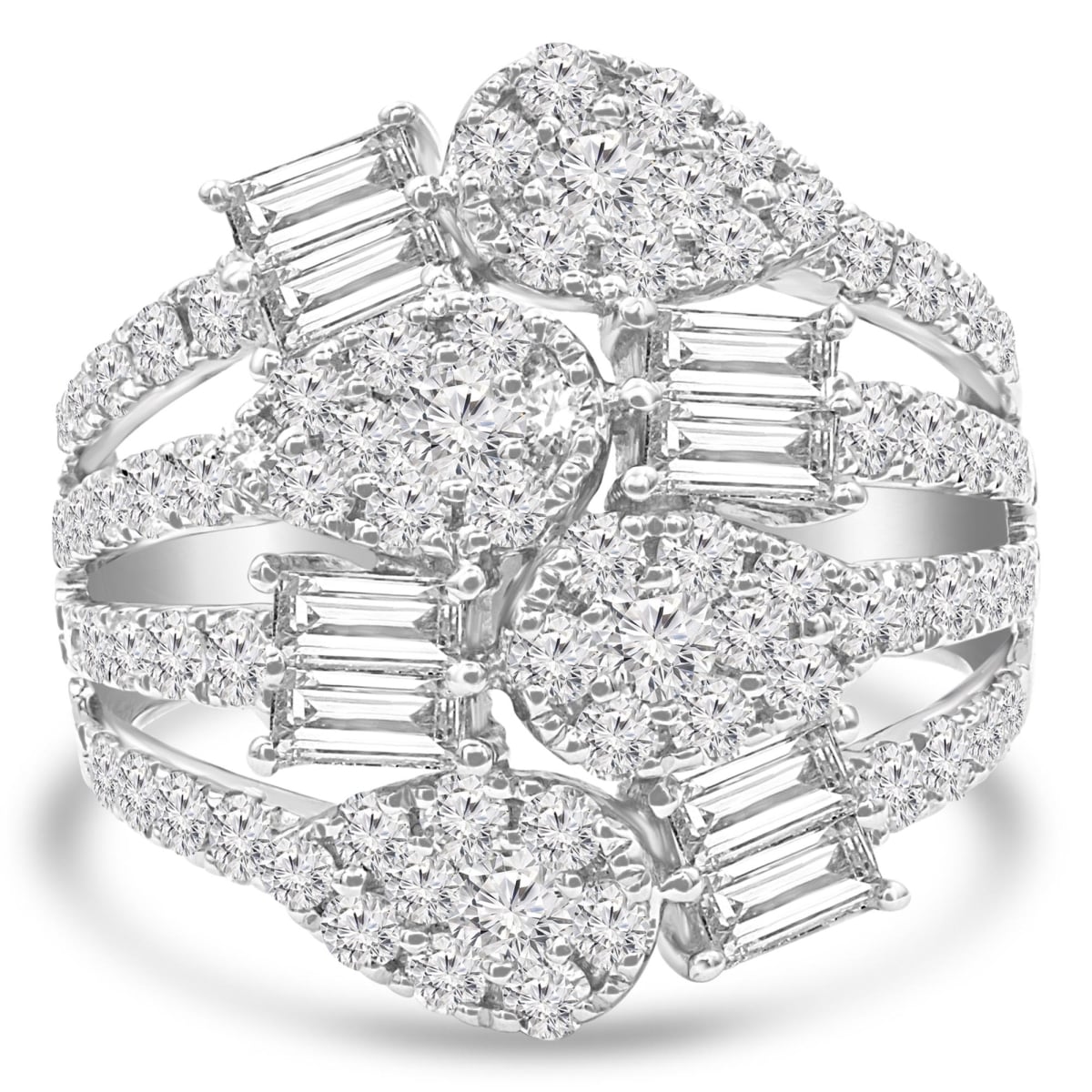 2.17 CTW Baguette Diamond Four-Row Cluster Cocktail Ring in 18K White Gold - Size 7.5