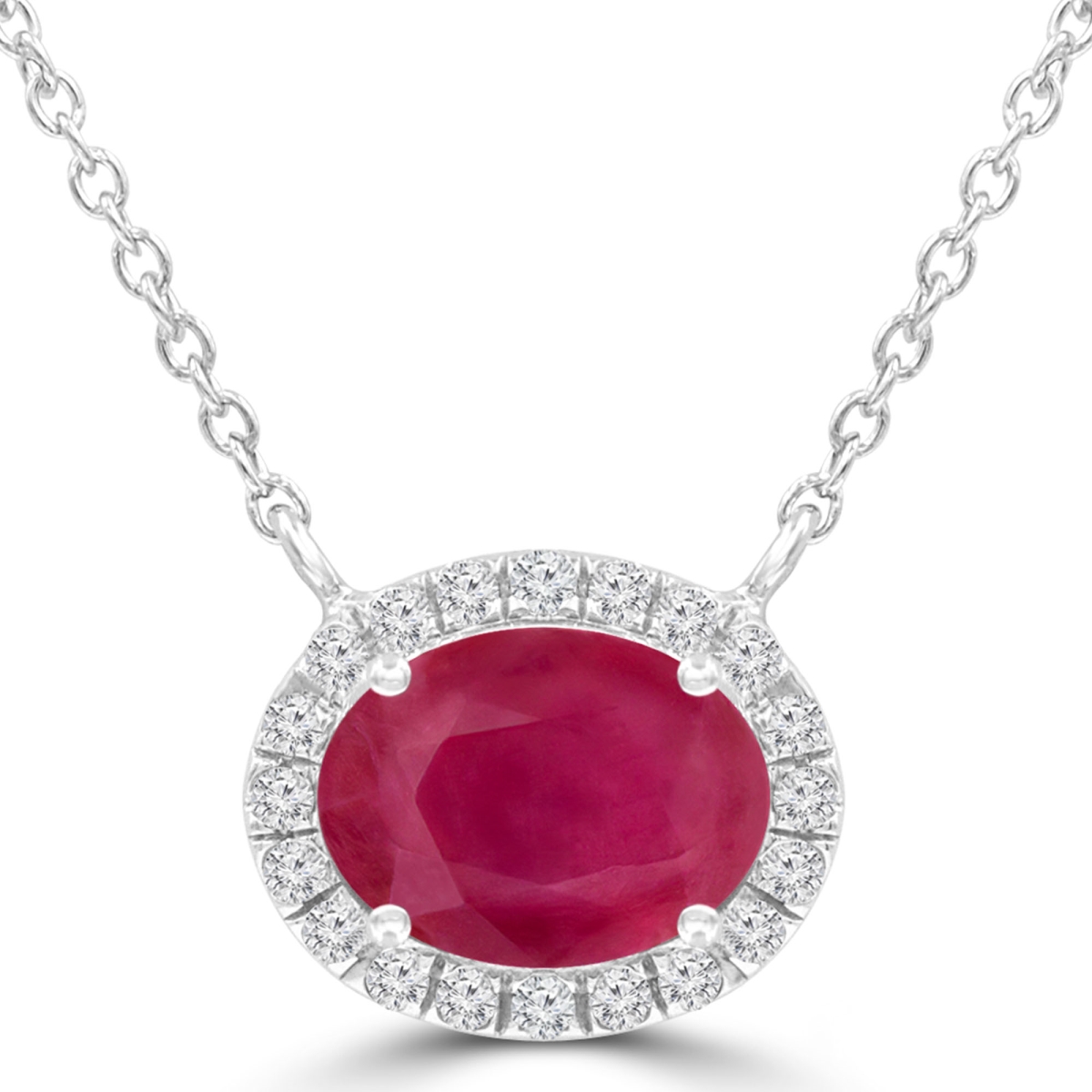 1.8 CTW Oval Red Ruby Oval Halo Necklace in 14K White Gold with Diamond Accent on Chain