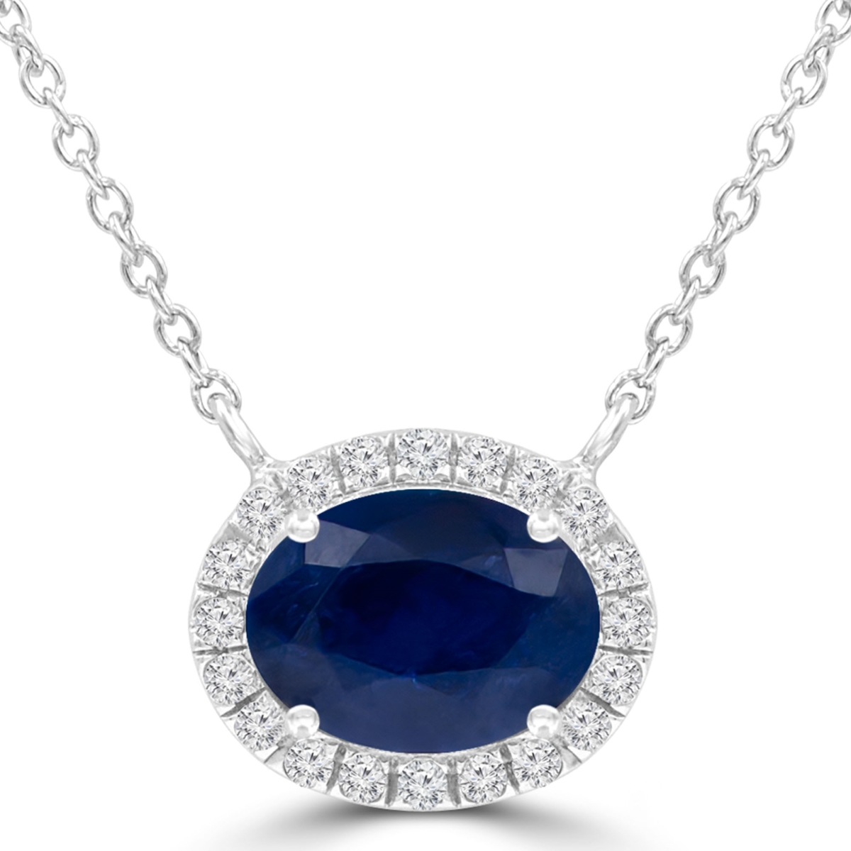 MDR220122 2.05 CTW Oval Blue Sapphire Oval Halo Necklace in 14K White Gold with Diamond Accent on Chain