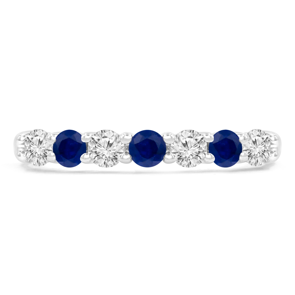 MDR220052-8.5 0.6 CTW Round Blue Sapphire 7-Stone Alternating Semi-Eternity Anniversary Wedding Band Ring in 14K White Gold - Size 8.5