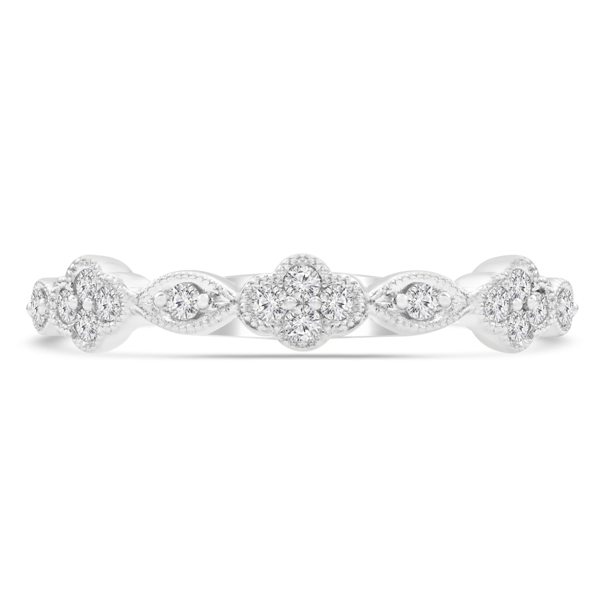 0.17 CTW Round Diamond Vintage Clover Semi-Eternity Anniversary Wedding Band Ring in 14K White Gold - Size 7.5