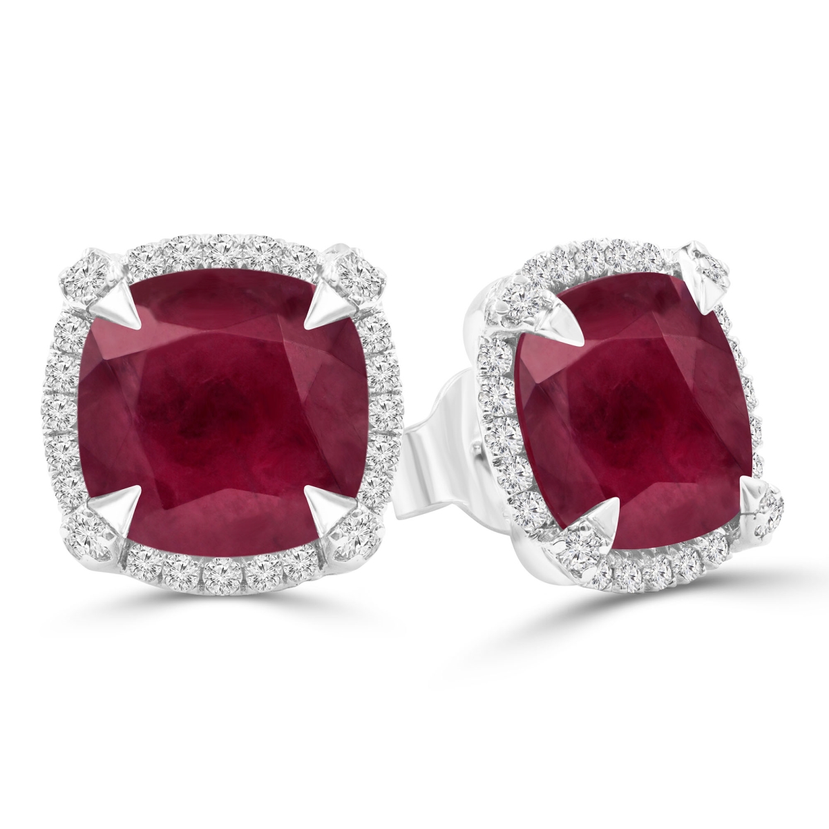 MDR220111 5.38 CTW Cushion Red Ruby Cushion Halo Claw Prong Stud Earrings in 14K White Gold