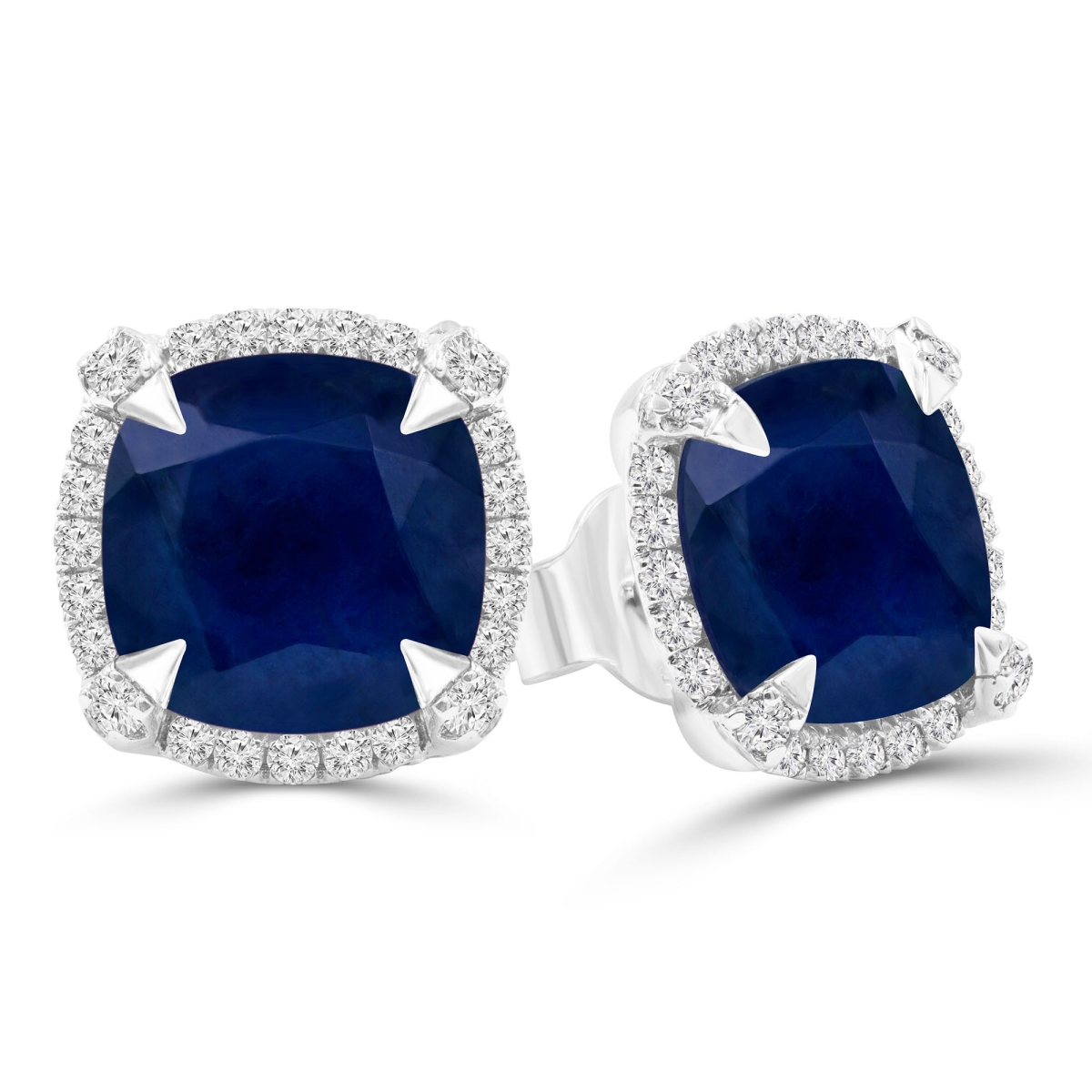 MDR220112 5 CTW Cushion Blue Sapphire Cushion Halo Claw Prong Stud Earrings in 14K White Gold