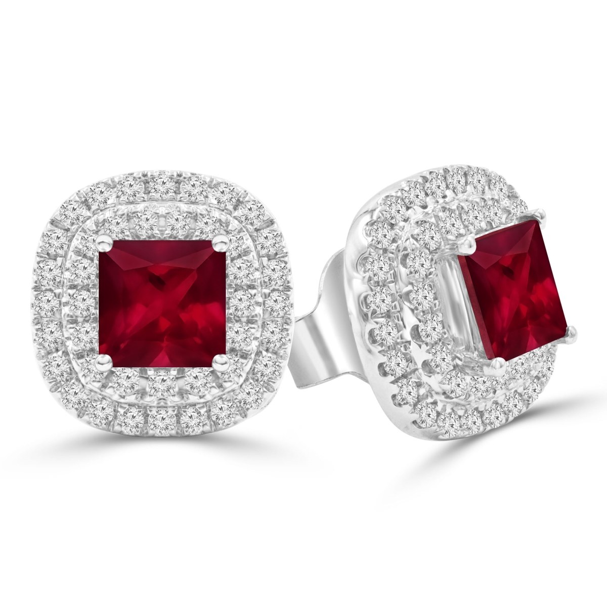 MDR220116 1.38 CTW Princess Red Ruby Double Cushion Halo Stud Earrings in 14K White Gold
