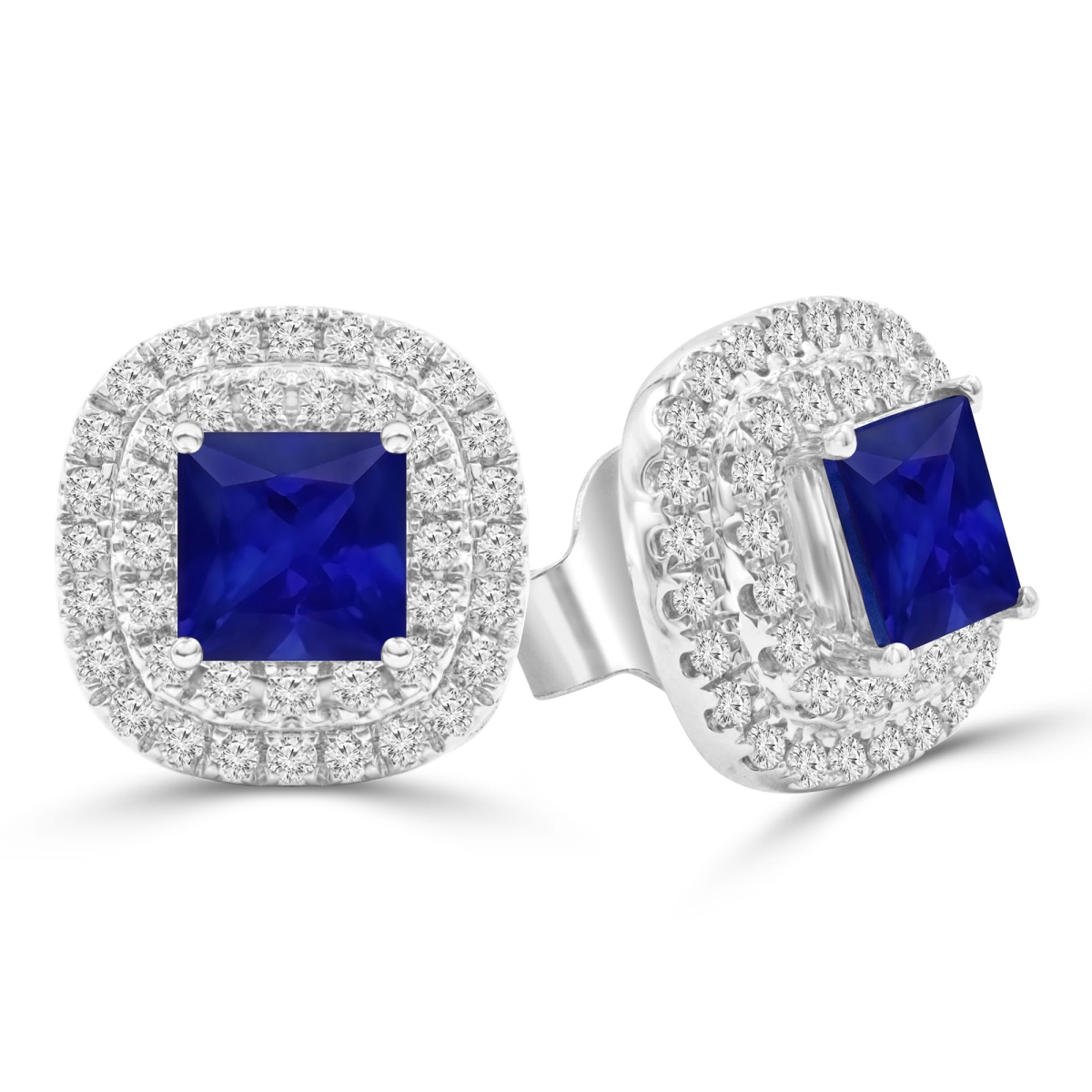 MDR220117 1.25 CTW Princess Blue Sapphire Double Cushion Halo Stud Earrings in 14K White Gold