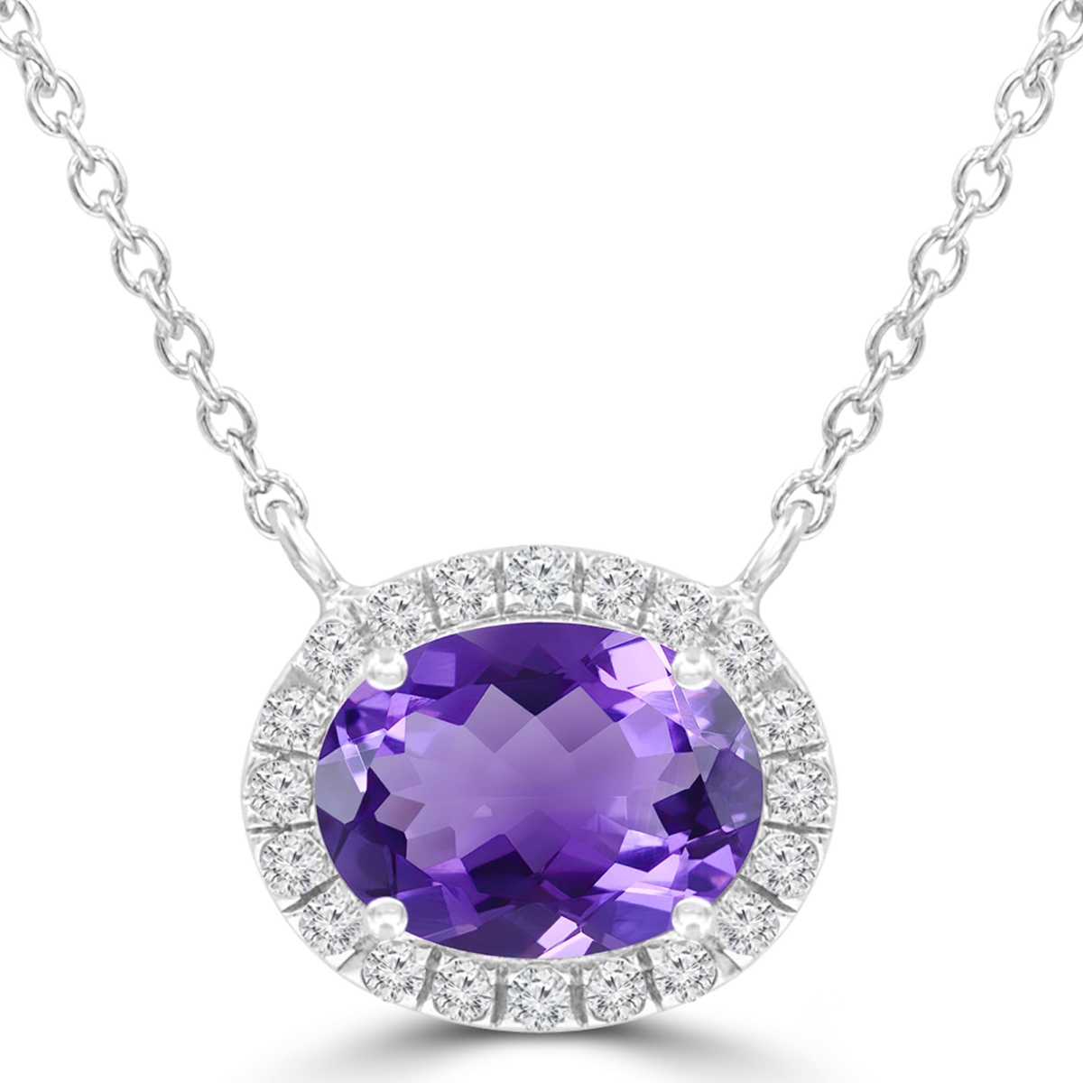 MDR220119 1.25 CTW Oval Purple Amethyst Oval Halo Necklace in 14K White Gold with Diamond Accent on Chain