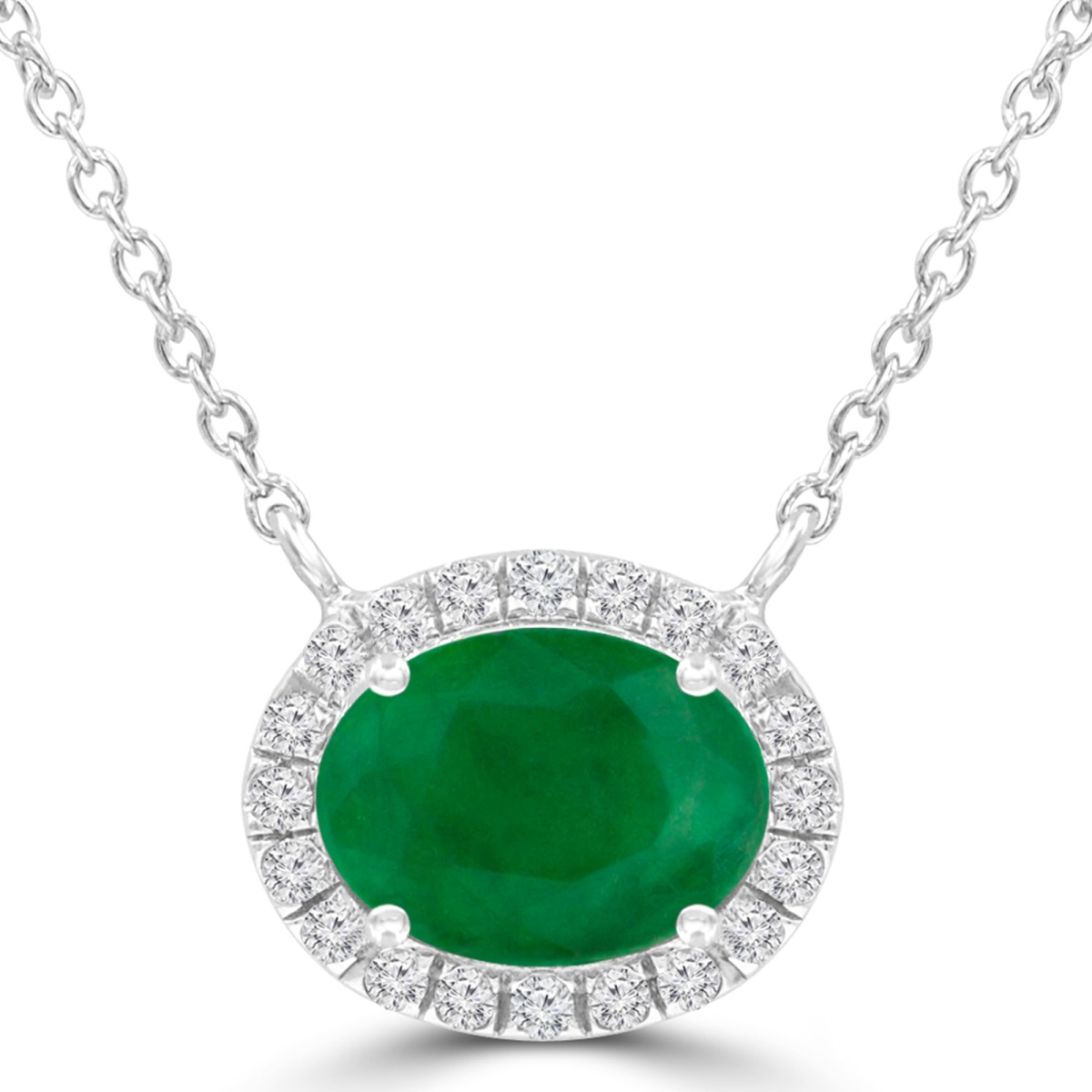 1.13 CTW Oval Green Emerald Oval Halo Necklace in 14K White Gold with Diamond Accent on Chain