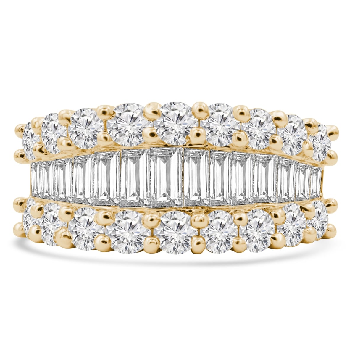 MDR220001-8.5 2.67 CTW Baguette Diamond Three-Row Cocktail Ring in 18K Yellow Gold - Size 8.5
