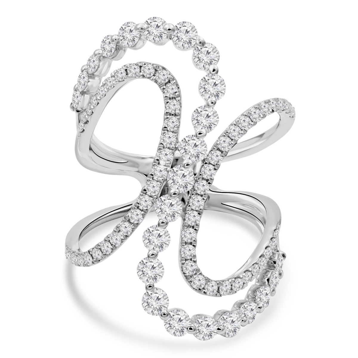 1.5 CTW Round Diamond Three-Row Spiral Cocktail Ring in 18K White Gold
