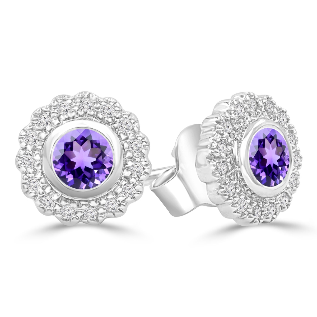 MDR220099 0.63 CTW Round Purple Amethyst Floral Halo Bezel Set Stud Earrings in 14K White Gold
