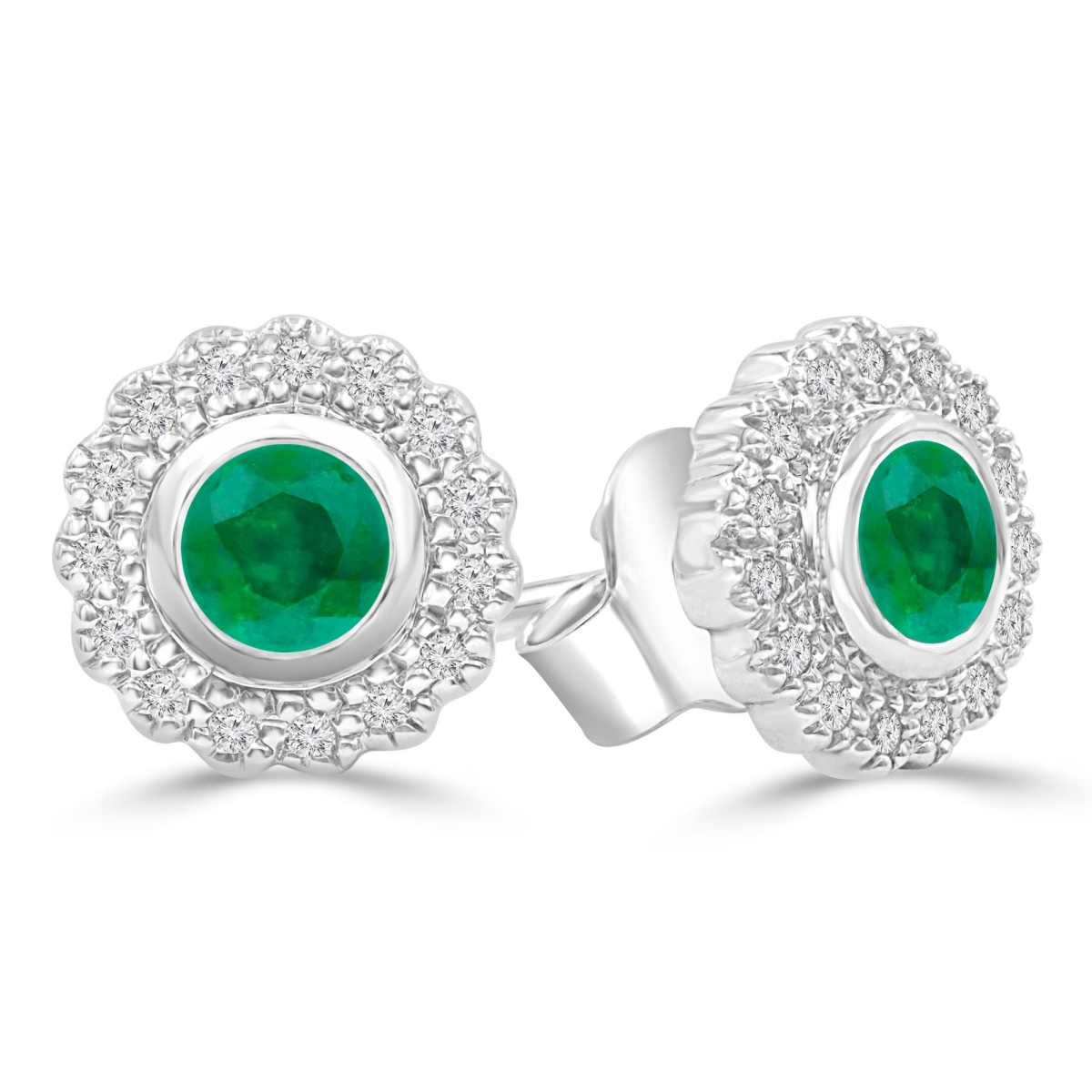 MDR220100 0.5 CTW Round Green Emerald Floral Halo Bezel Set Stud Earrings in 14K White Gold