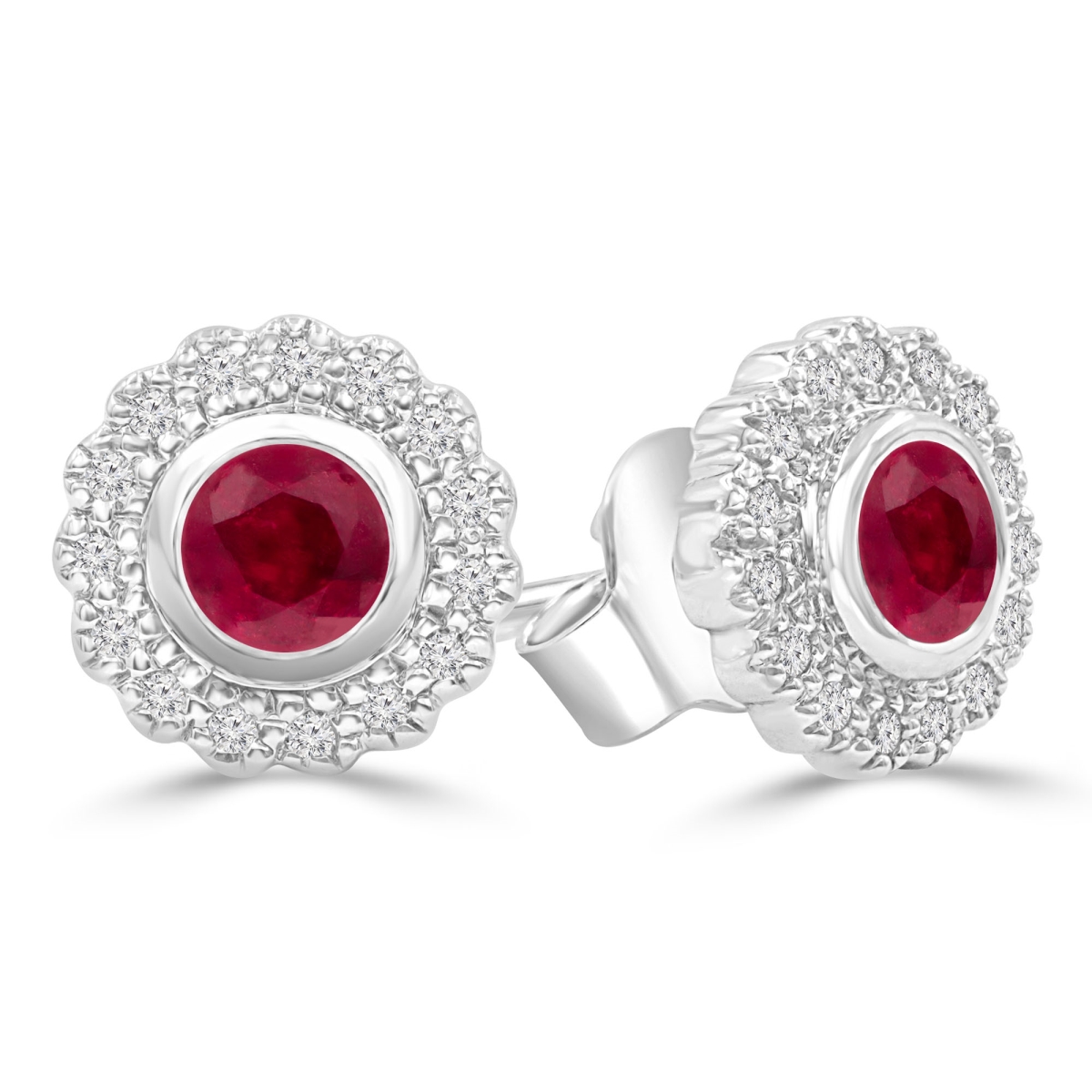 MDR220101 0.9 CTW Round Red Ruby Floral Halo Bezel Set Stud Earrings in 14K White Gold