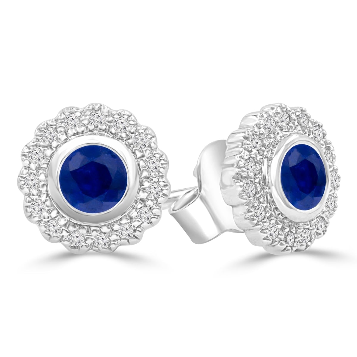 MDR220102 0.75 CTW Round Blue Sapphire Floral Halo Bezel Set Stud Earrings in 14K White Gold