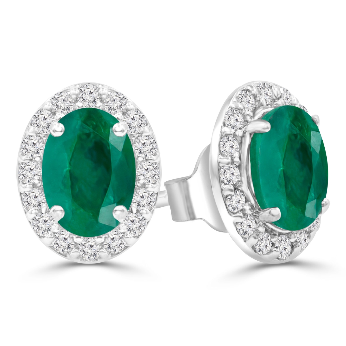 1.8 CTW Oval Green Emerald Oval Halo Stud Earrings in 14K White Gold