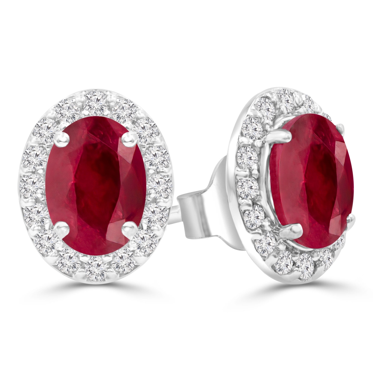 2.75 CTW Oval Red Ruby Oval Halo Stud Earrings in 14K White Gold