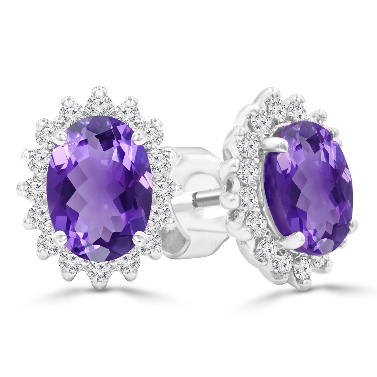 MDR220079 1.6 CTW Oval Purple Amethyst Oval Floral Halo Stud Earrings in 14K White Gold