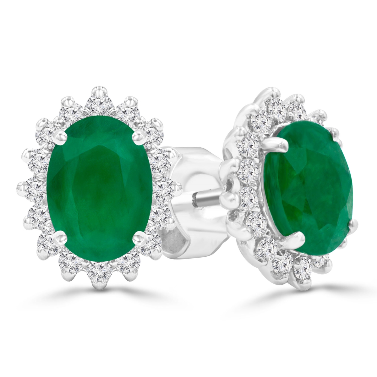 MDR220080 1.67 CTW Oval Green Emerald Oval Floral Halo Stud Earrings in 14K White Gold