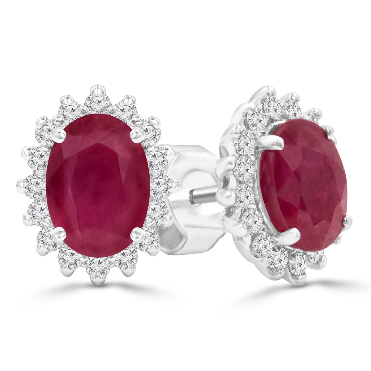 MDR220081 2.6 CTW Oval Red Ruby Oval Floral Halo Stud Earrings in 14K White Gold