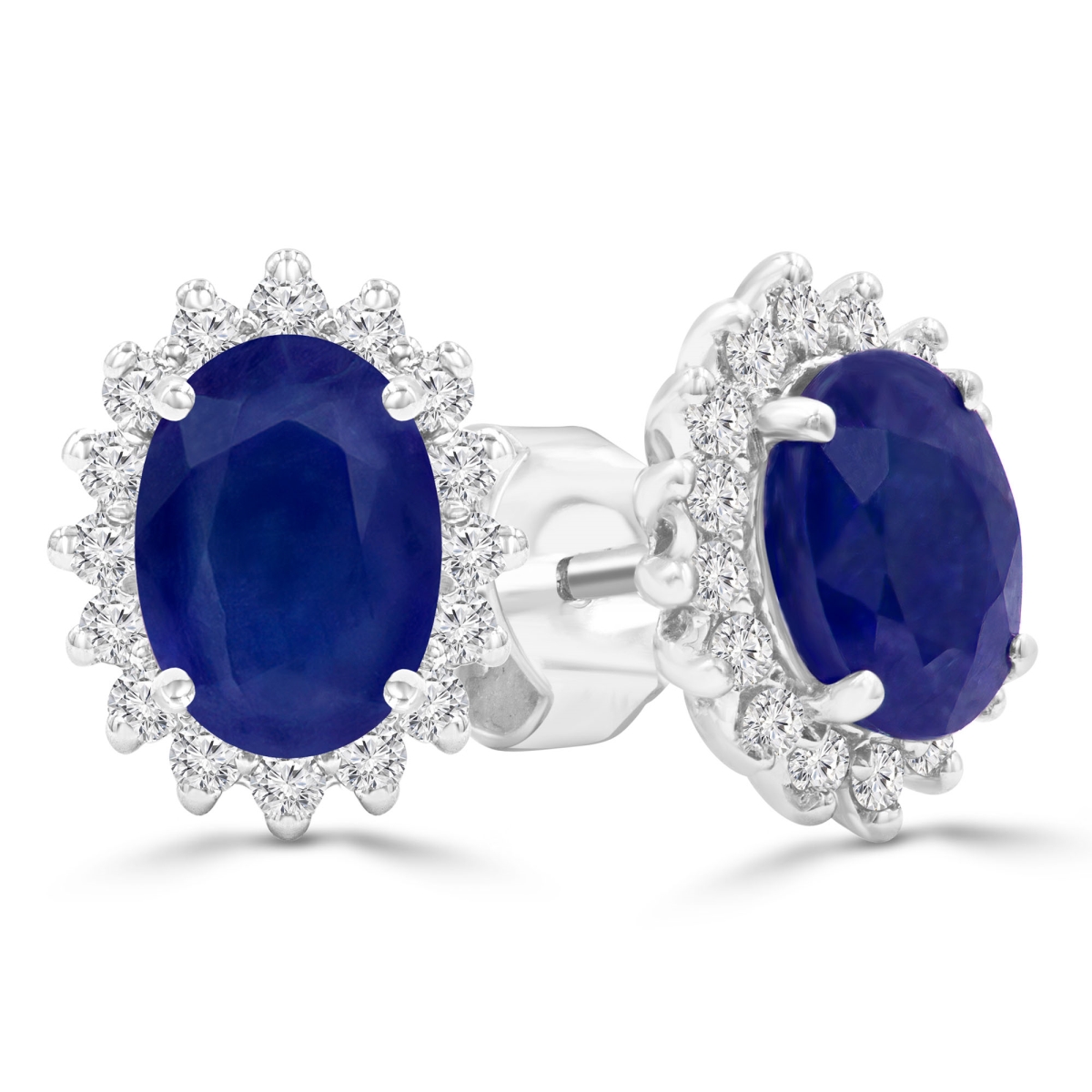 MDR220082 2.88 CTW Oval Blue Sapphire Oval Floral Halo Stud Earrings in 14K White Gold