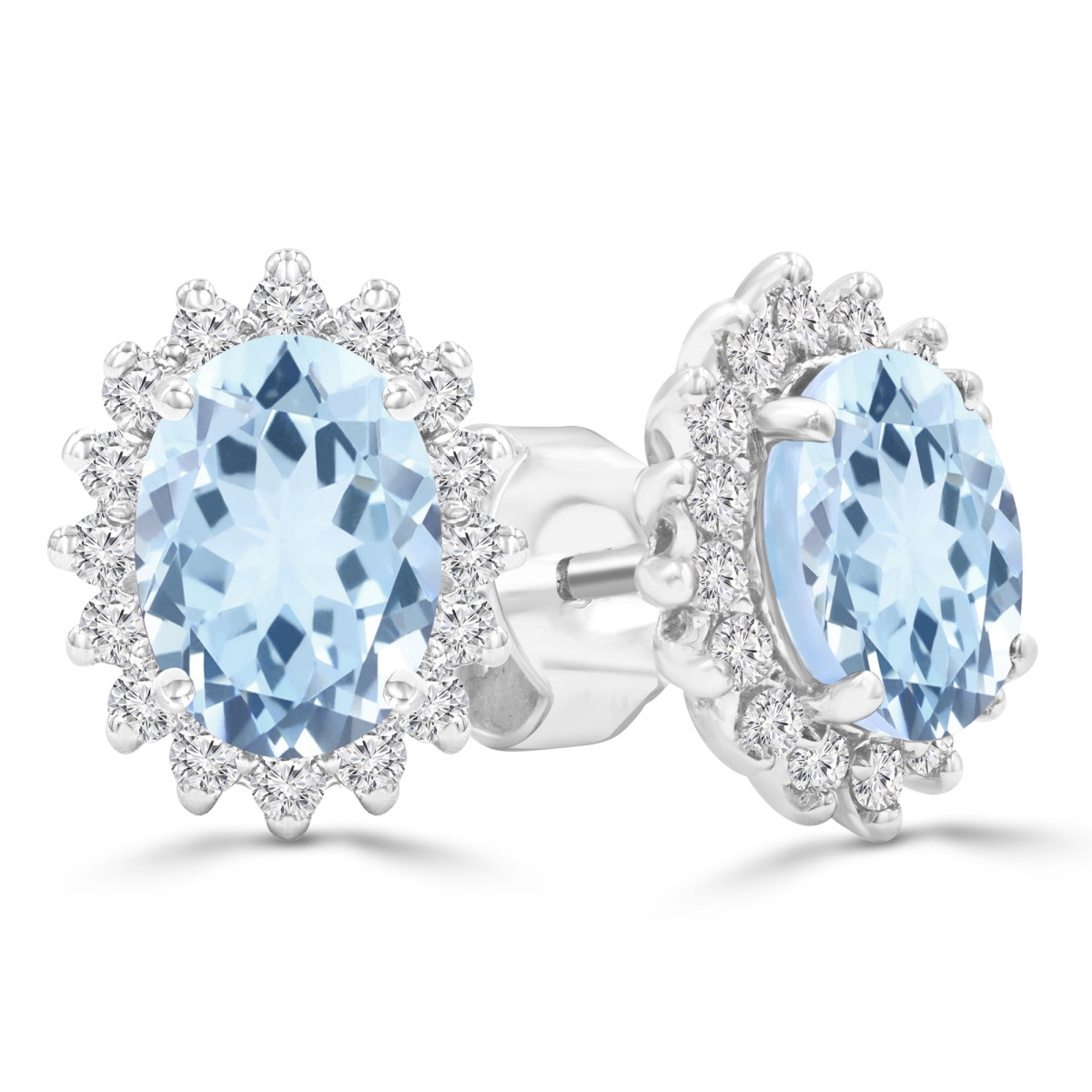 MDR220083 2.2 CTW Oval Blue Topaz Oval Floral Halo Stud Earrings in 14K White Gold