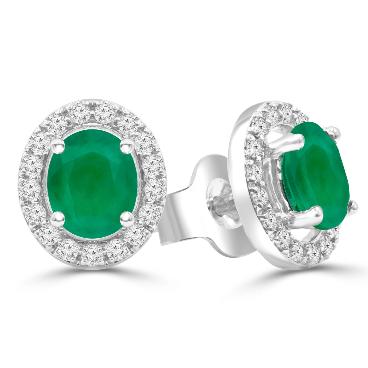 0.8 CTW Oval Green Emerald Oval Halo Stud Earrings in 14K White Gold