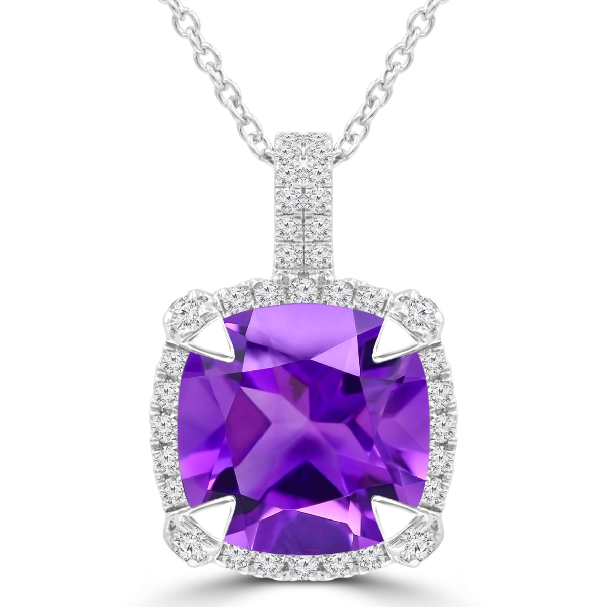 MDR220149 3.4 CTW Cushion Purple Amethyst Claw Prong Diamond Cushion Halo Pendant Necklace in 14K White Gold
