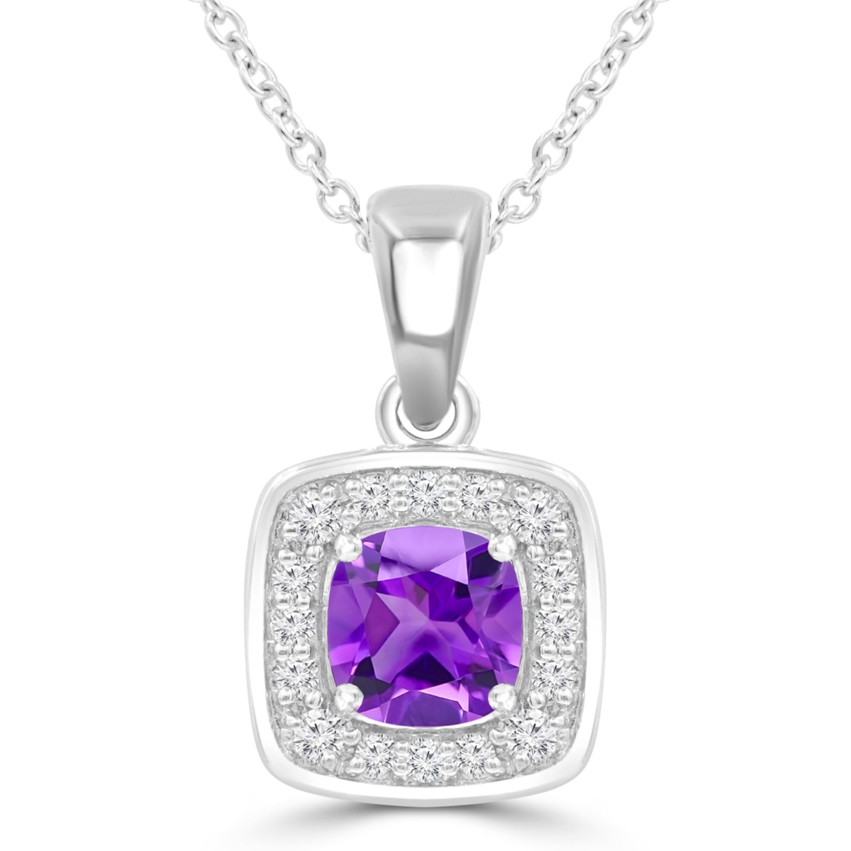 Picture of Majesty Diamonds MDR220154 0.8 CTW Cushion Purple Amethyst Claw Prong Cushion Halo Pendant Necklace in 14K White Gold