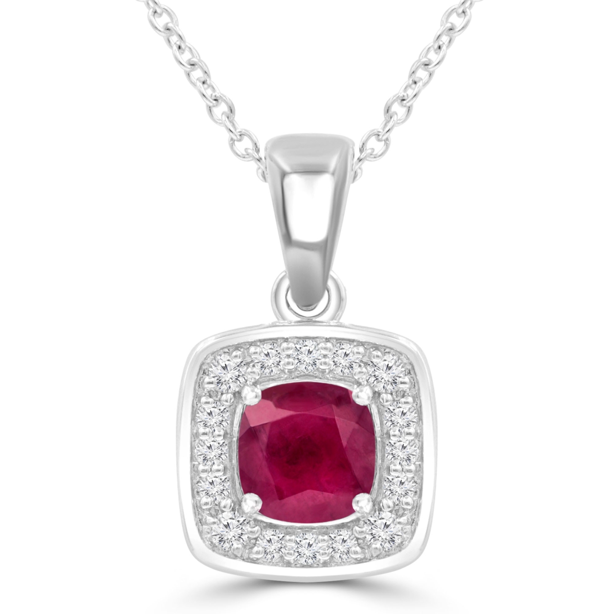 Picture of Majesty Diamonds MDR220156 1 CTW Cushion Red Ruby Claw Prong Cushion Halo Pendant Necklace in 14K White Gold