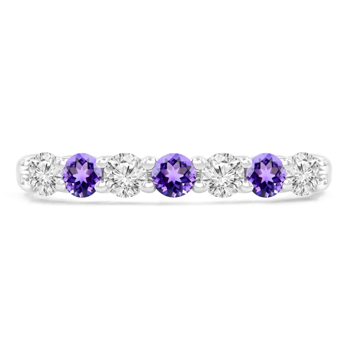 0.5 CTW Round Purple Amethyst 7-Stone Alternating Semi-Eternity Anniversary Wedding Band Ring in 14K White Gold - Size 6
