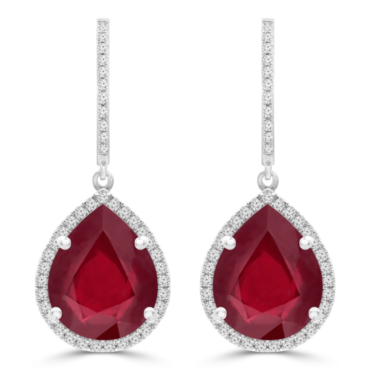 12.5 CTW Pear Red Ruby Pear Halo Drop & Dangle Earrings in 14K White Gold
