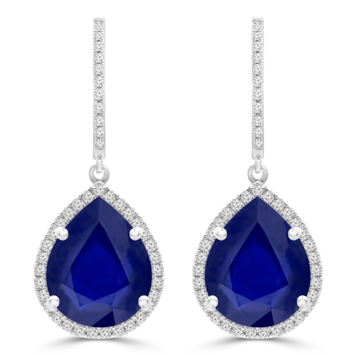 MDR220062 11.5 CTW Pear Blue Sapphire Pear Halo Drop & Dangle Earrings in 14K White Gold