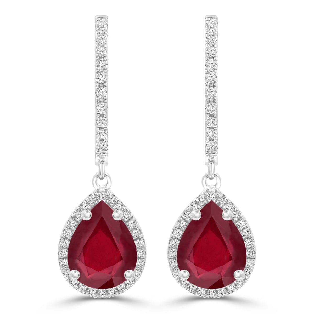 2.75 CTW Pear Red Ruby Pear Halo Drop & Dangle Earrings in 14K White Gold