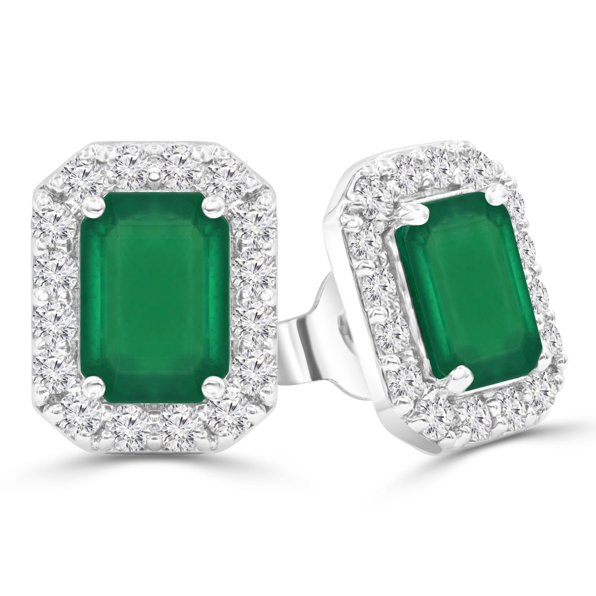 2 CTW Emerald Green Emerald Emerald Halo Stud Earrings in 14K White Gold