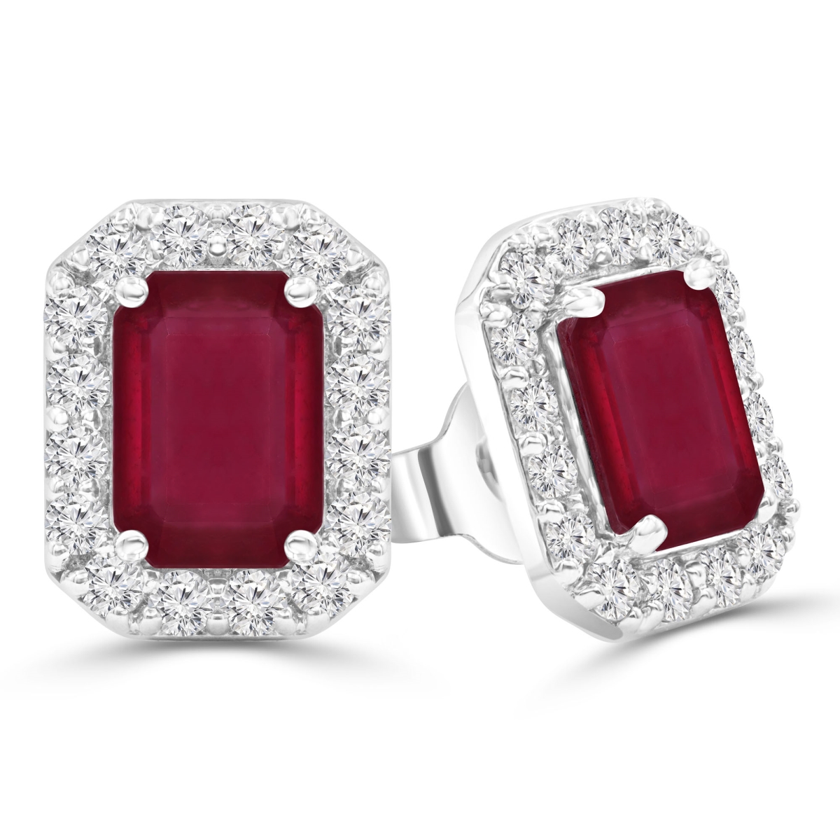 2.63 CTW Emerald Red Ruby Emerald Halo Stud Earrings in 14K White Gold