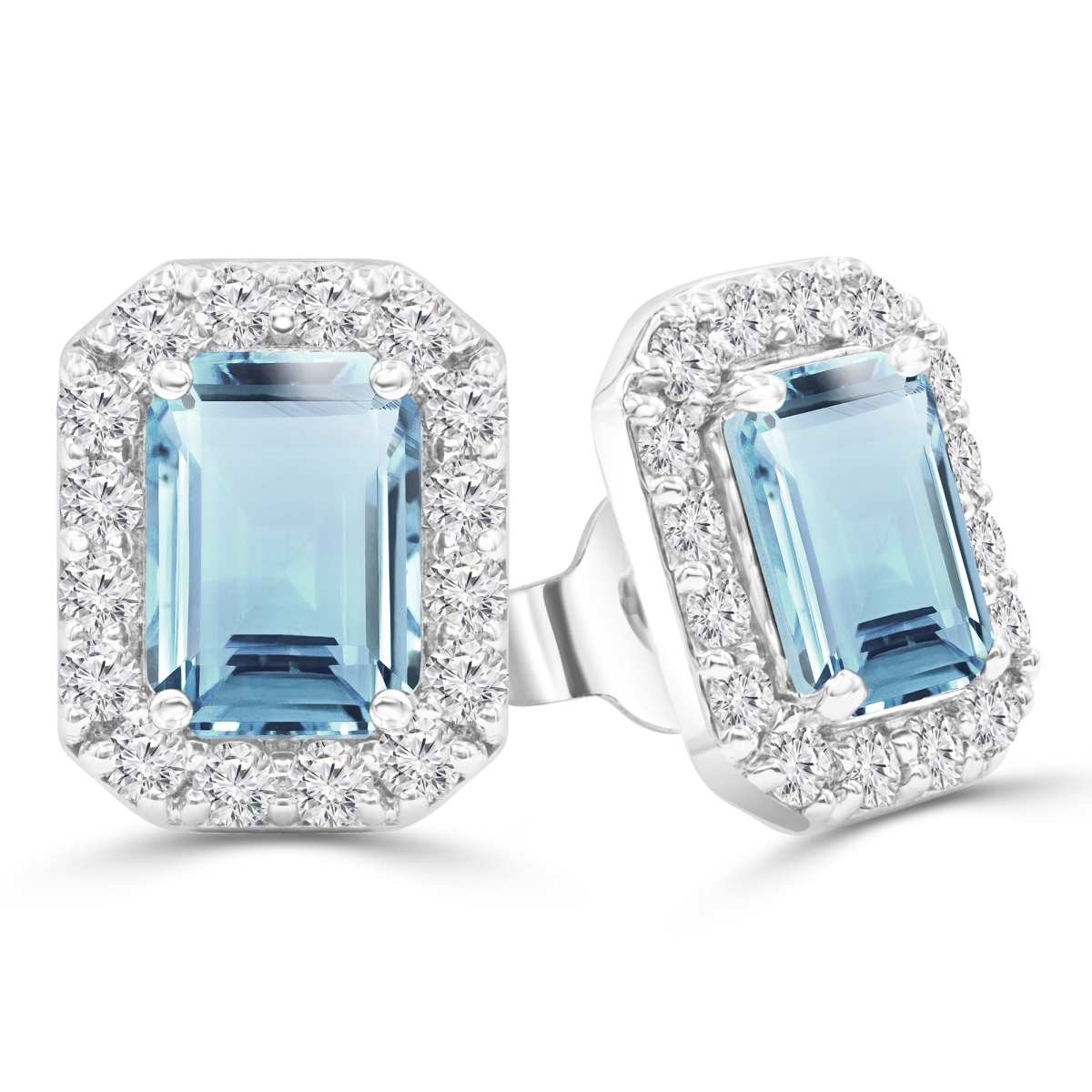 2.2 CTW Emerald Blue Topaz Emerald Halo Stud Earrings in 14K White Gold