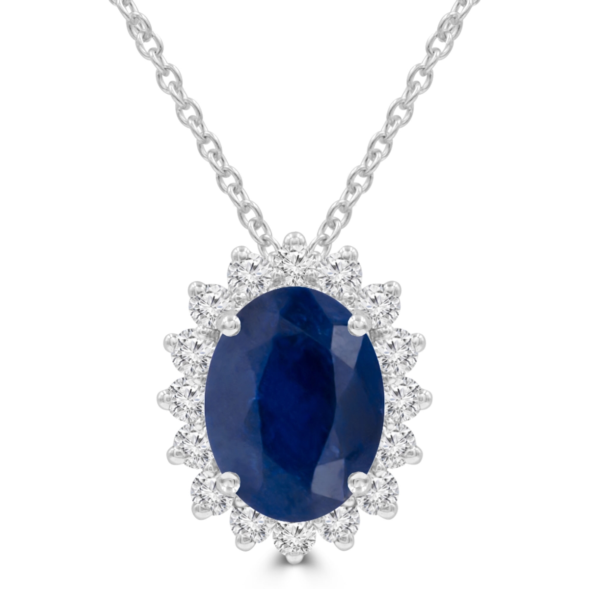 Picture of Majesty Diamonds MDR220137 3.8 CTW Oval Blue Sapphire Oval Floral Halo Pendant Necklace in 14K White Gold