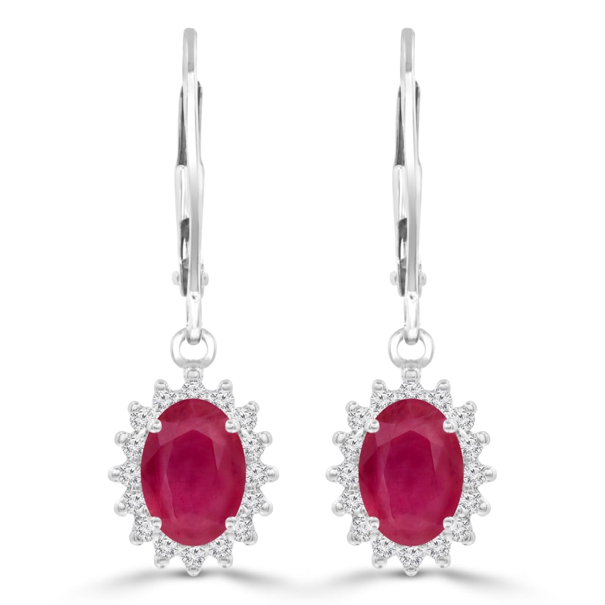 2.63 CTW Oval Red Ruby Oval Halo Drop & Dangle Earrings in 14K White Gold