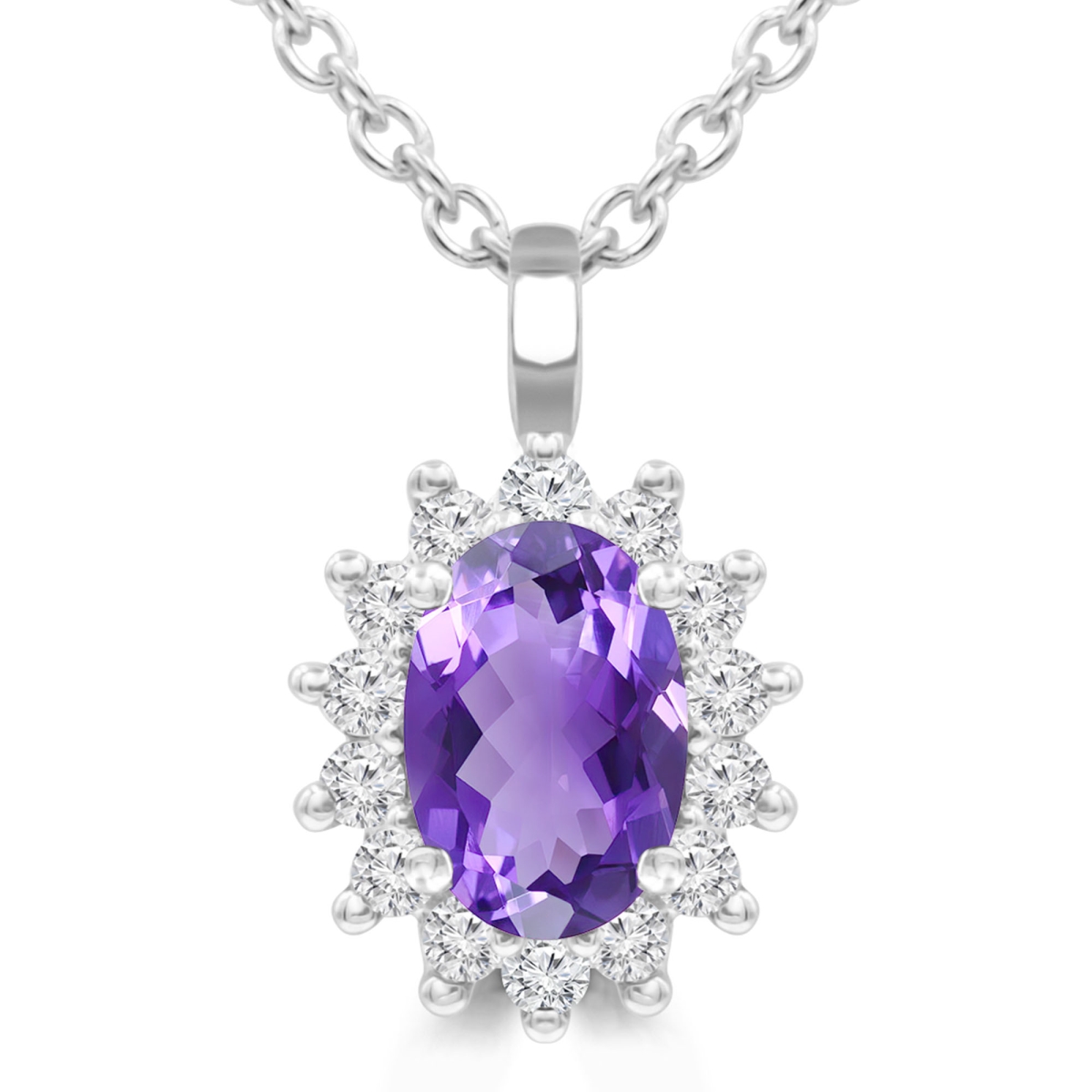 Picture of Majesty Diamonds MDR220129 0.5 CTW Oval Purple Amethyst Floral Halo Pendant Necklace in 14K White Gold