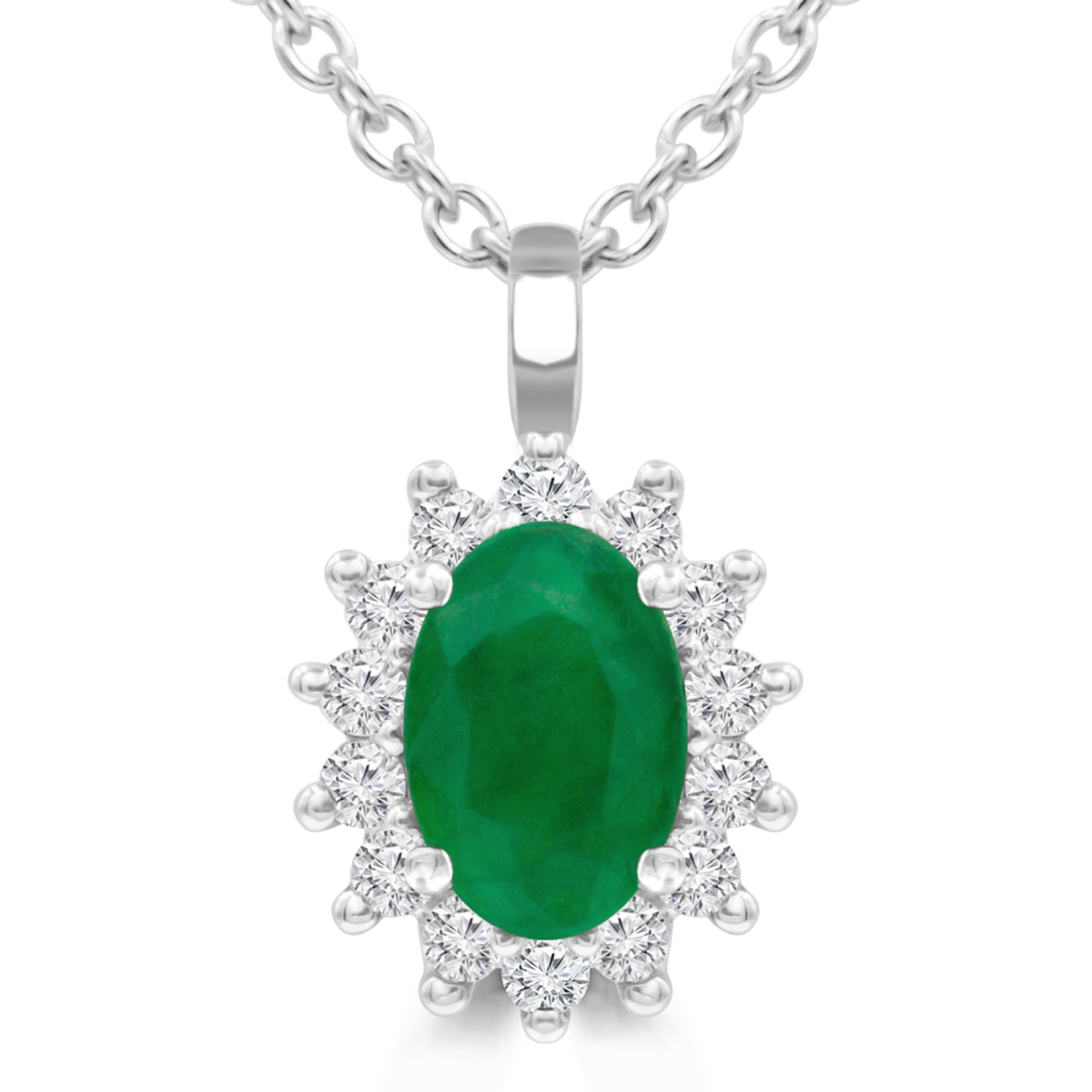 Picture of Majesty Diamonds MDR220130 0.6 CTW Oval Green Emerald Floral Halo Pendant Necklace in 14K White Gold