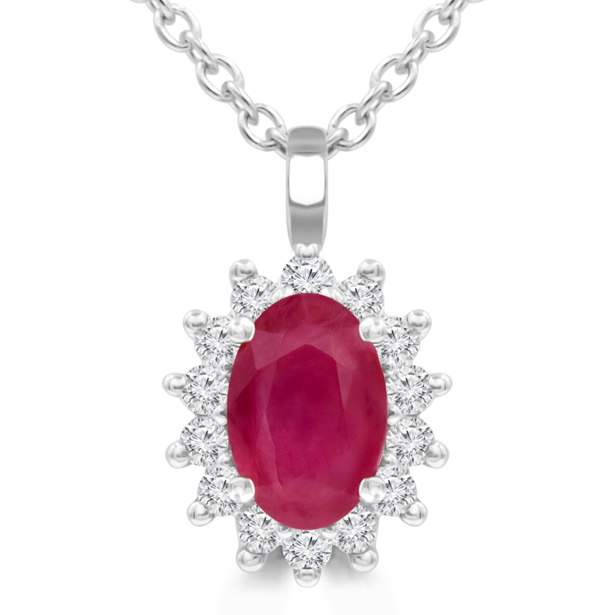 Picture of Majesty Diamonds MDR220131 0.9 CTW Oval Red Ruby Floral Halo Pendant Necklace in 14K White Gold
