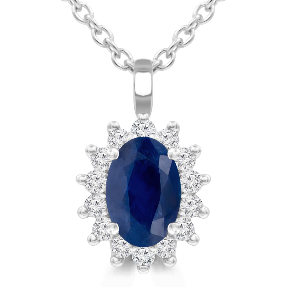 Picture of Majesty Diamonds MDR220132 0.88 CTW Oval Blue Sapphire Floral Halo Pendant Necklace in 14K White Gold