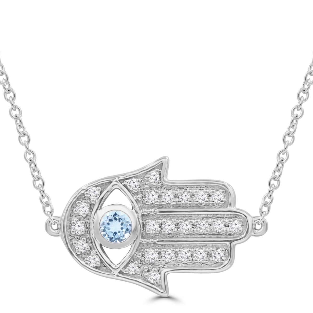Picture of Majesty Diamonds MDR220173 0.25 CTW Round Blue Topaz Hamsa Necklace in 14K White Gold