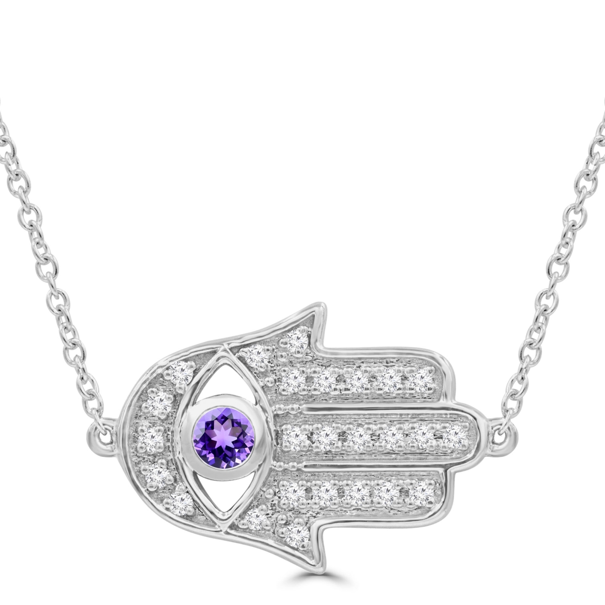 Picture of Majesty Diamonds MDR220169 0.25 CTW Round Purple Amethyst Hamsa Necklace in 14K White Gold