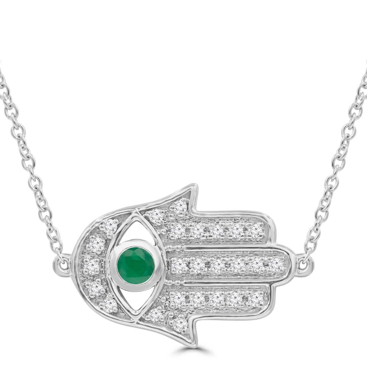 Picture of Majesty Diamonds MDR220170 0.25 CTW Round Green Emerald Hamsa Necklace in 14K White Gold