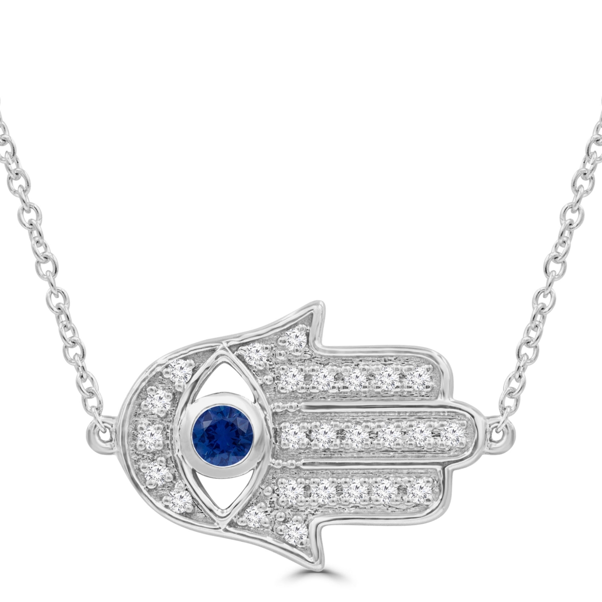 Picture of Majesty Diamonds MDR220172 0.25 CTW Round Blue Sapphire Hamsa Necklace in 14K White Gold