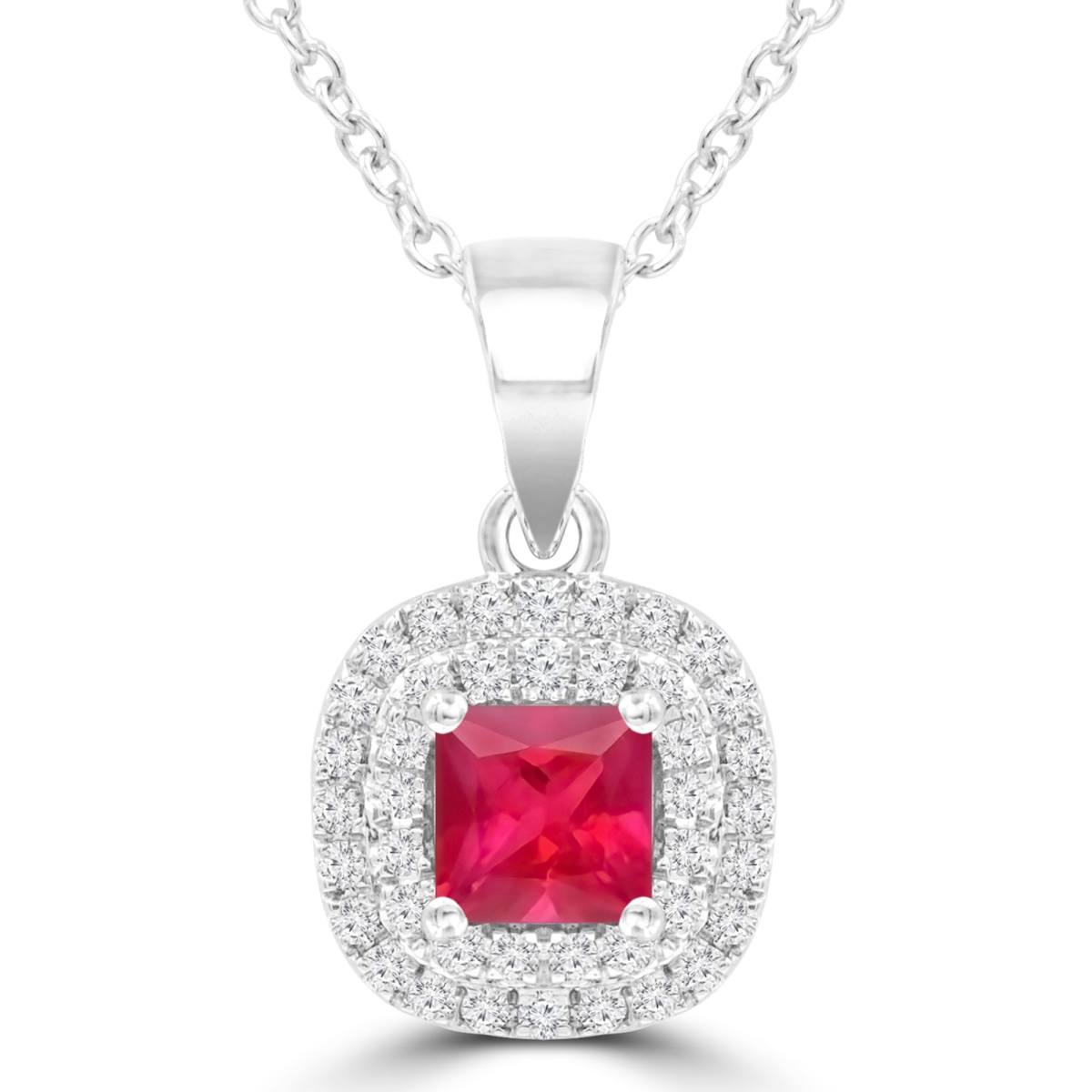 Picture of Majesty Diamonds MDR220161 0.6 CTW Princess Red Ruby Double Cushion Halo Pendant Necklace in 14K White Gold