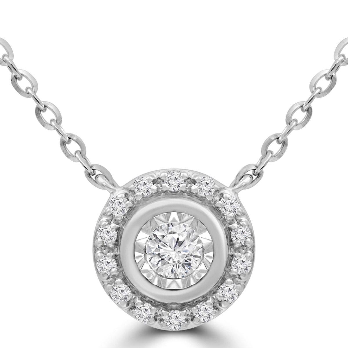 MDR220246 0.1 CTW Round Diamond Bezel Illusion Set Halo Necklace in 14K White Gold